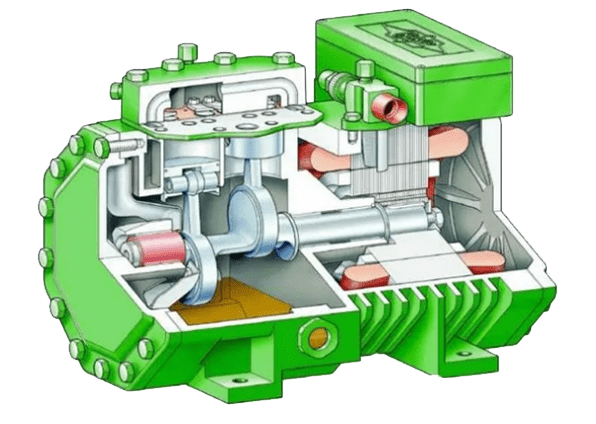 cutaway view of reciprocating refrigeration compressor